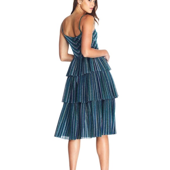 NWT Dress the Population Blue Green Kathy Metallic Stripe Dress - Sz M - Picture 2 of 10